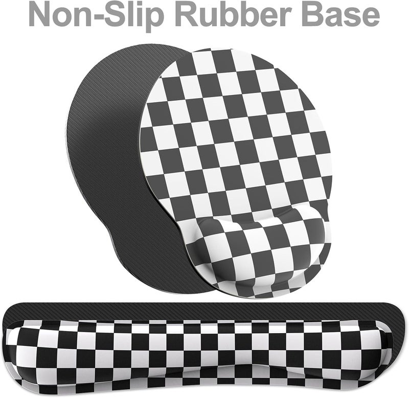JIGOO Ergonomic Mouse Pad with Wrist Rest and Keyboard Wrist Rest, Mousepad and Keyboard Pad, Non-Slip Rubber Base, Pain Relief, Mouse Pad with Wrist Support for Gaming, Computer, Office, Black Checkered - Image 4